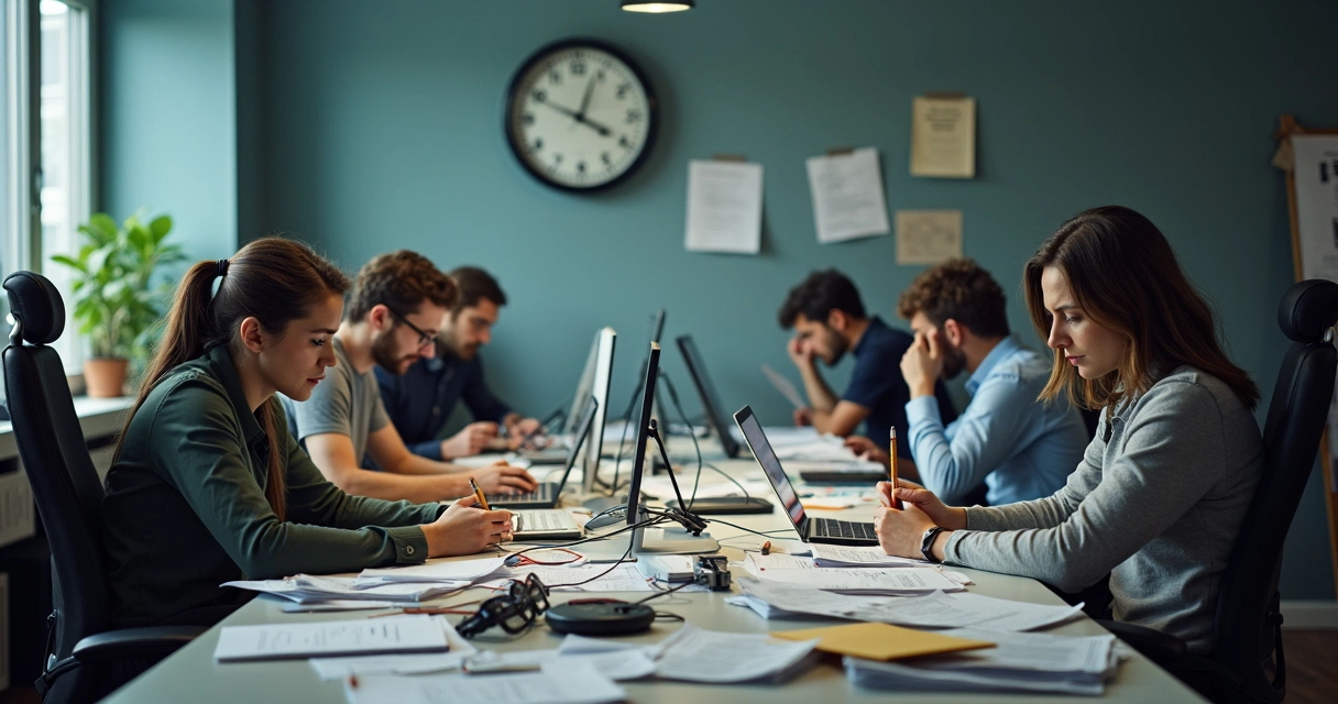 Mesa de trabalho com pilhas de papéis desorganizados e computadores desligados 