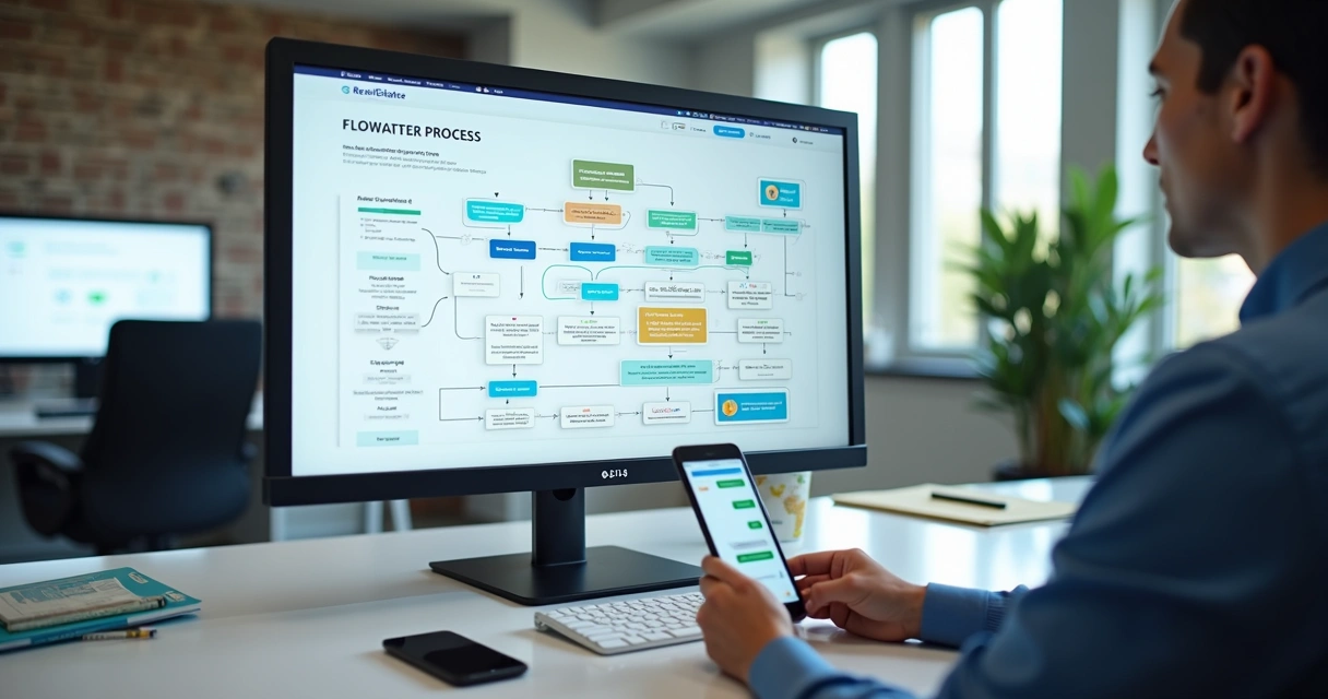 Fluxograma digital de atendimento imobiliário na tela de computador 