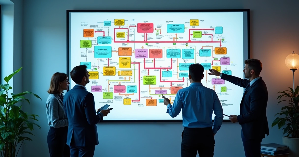 Fluxograma colorido de processos comerciais conectando marketing, vendas e tecnologia 