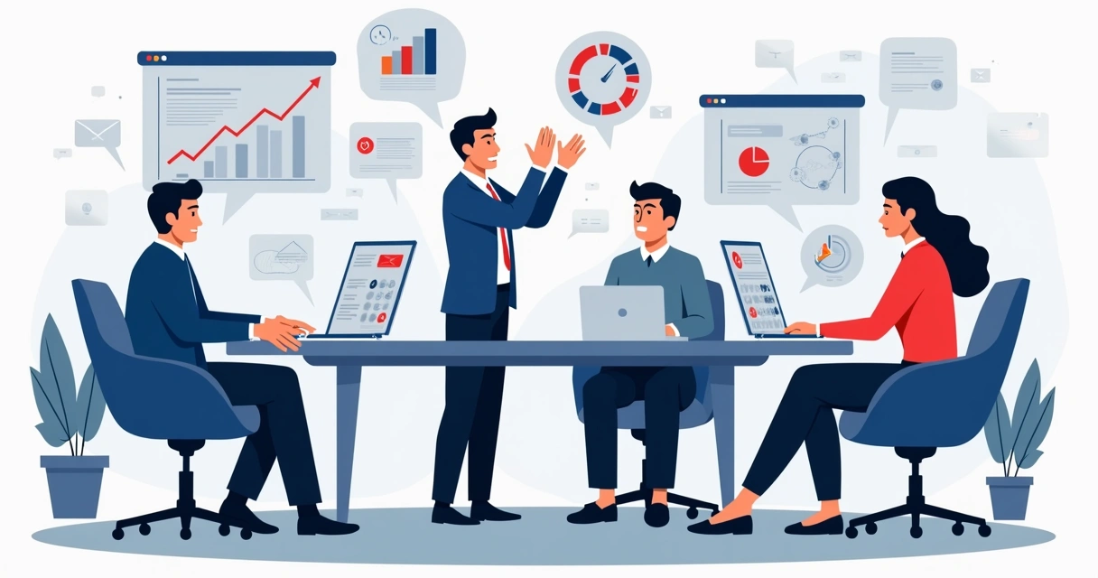 Ilustração flat corporativa mostrando equipe de vendas que enfrenta problemas, com gráficos em queda e elementos tecnológicos desorganizados 