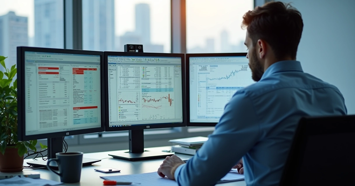 Profissional de compliance analisando relatórios financeiros em múltiplas telas 