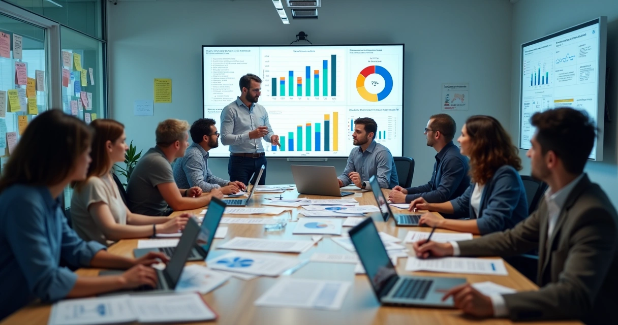 Equipe de contabilidade reunida revisando papéis, computadores com gráficos fiscais na tela, ambiente de escritório moderno