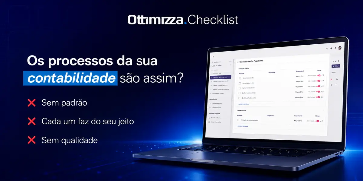 Tela de computador com checklist de processos contábeis e texto sobre padrões de contabilidade