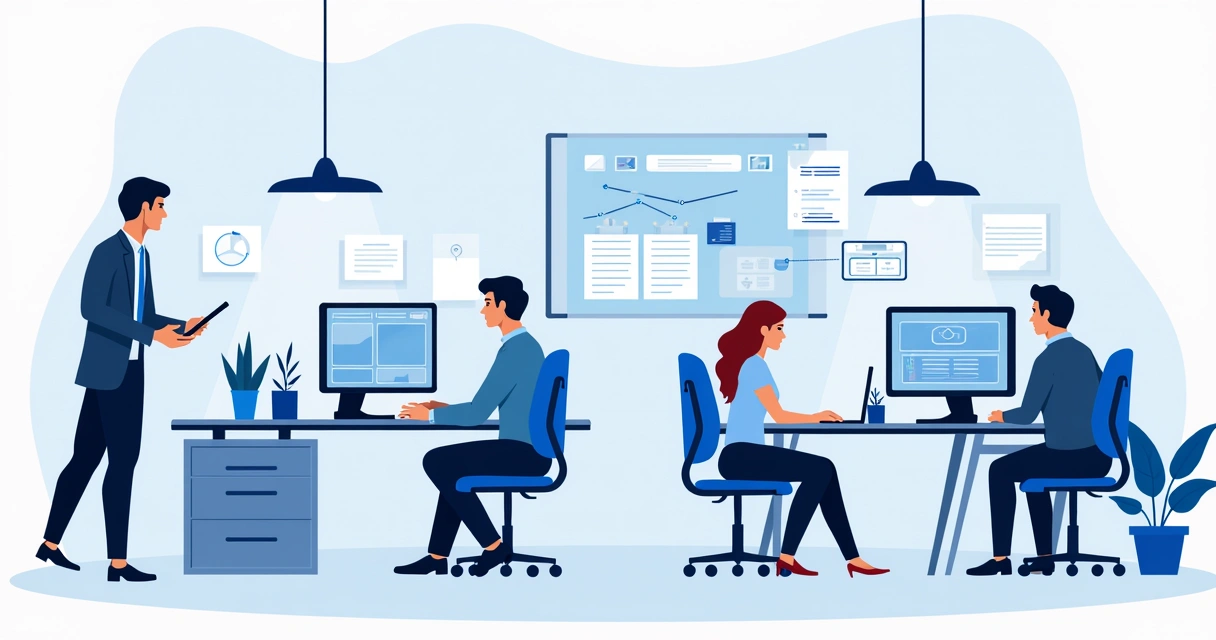 Equipe de contabilidade trabalhando em frente a computadores em ambiente moderno 