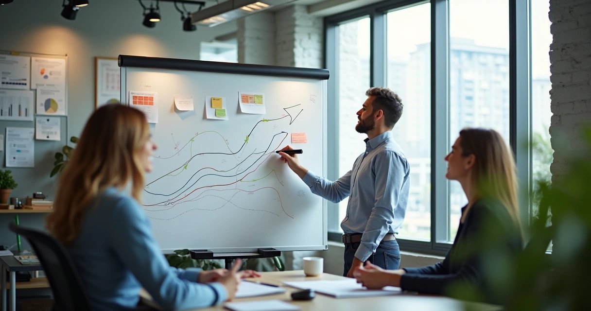 Gestor desenhando processos e fluxos de trabalho em um quadro branco 