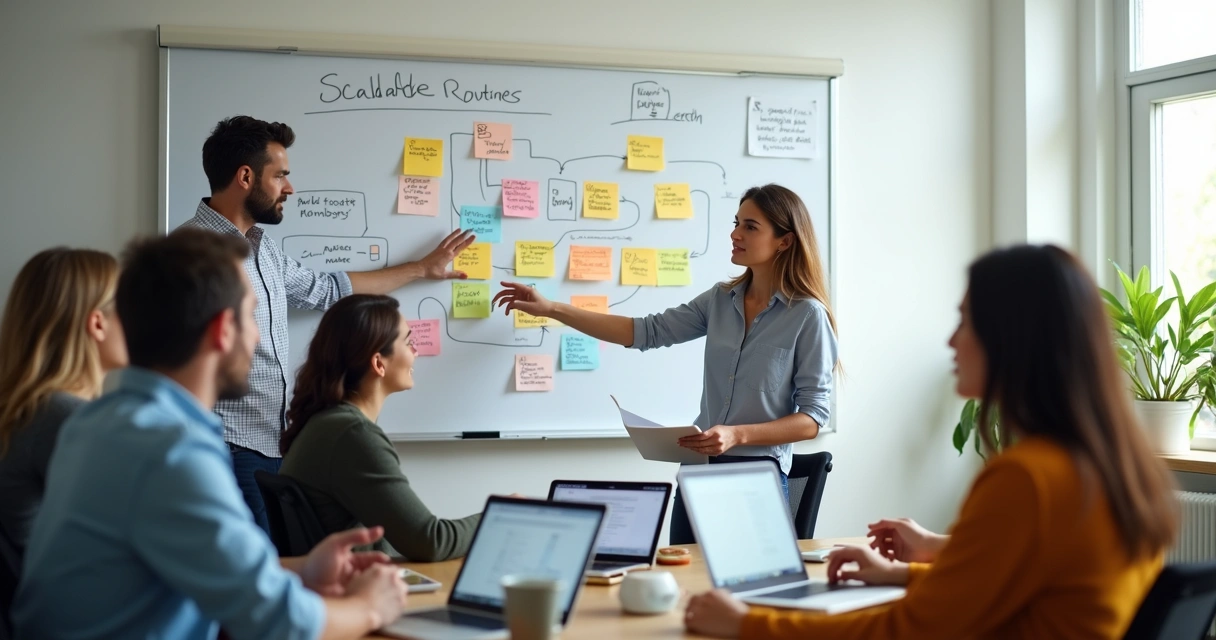 Equipe pequena organizando processos em quadro branco, post-its e notebooks 