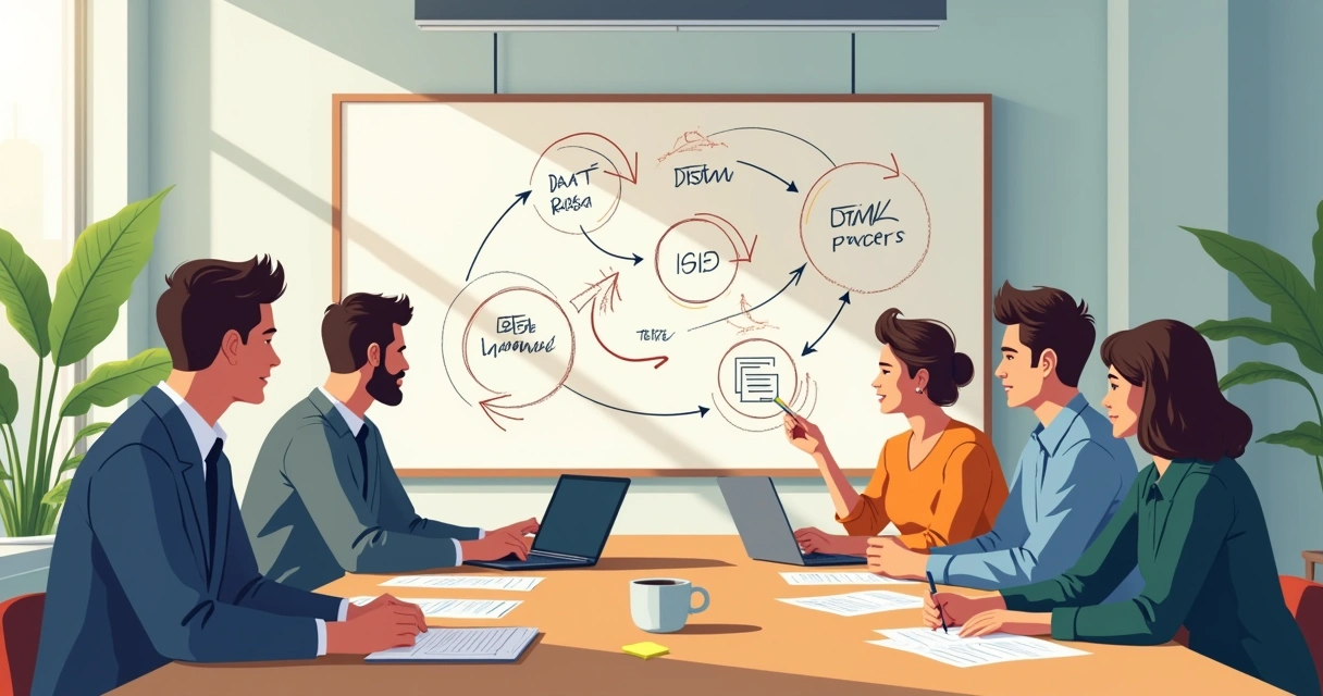 Equipe discutindo processos empresariais em sala de reunião 