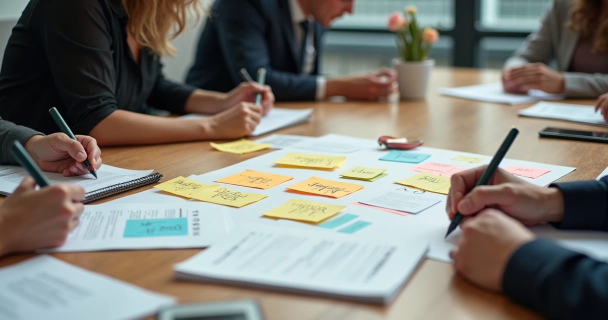 Papéis e fluxogramas desorganizados sobre mesa de escritório 