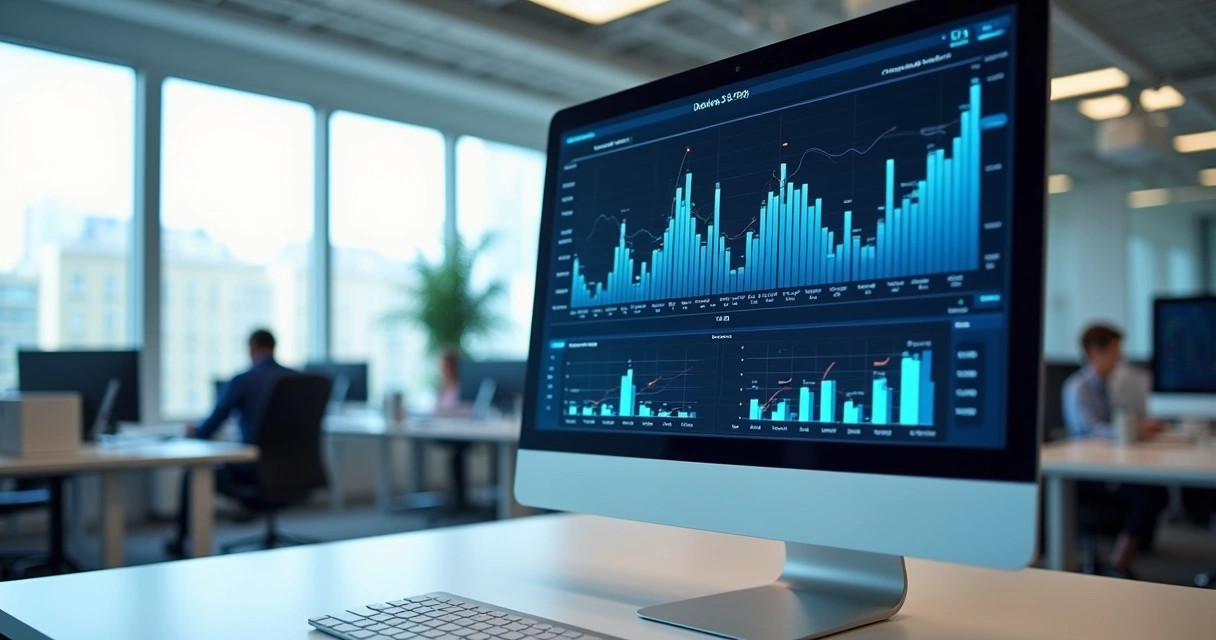 Tela de computador mostrando gráficos financeiros e arquivos digitais
