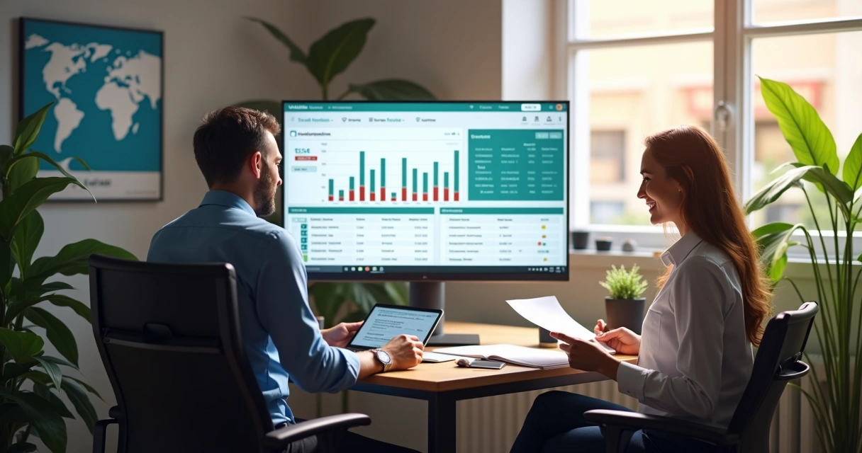 Painel digital com gráficos e sistema ERP visível, operado por um funcionário em sala de empresa pequena 
