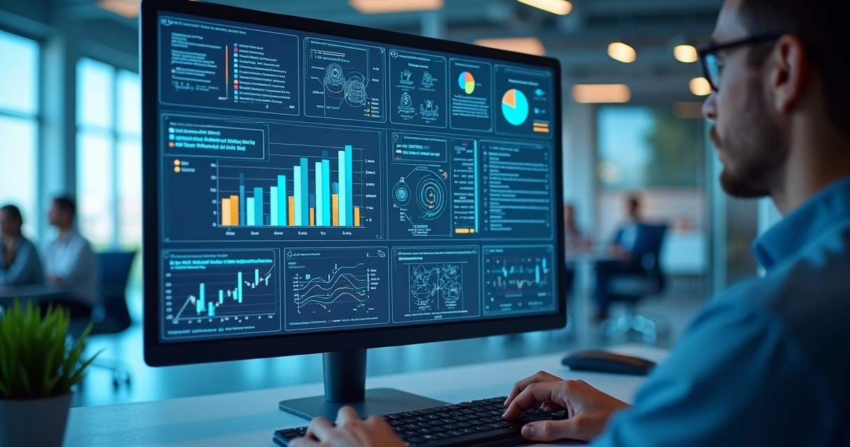 Plataforma digital com fluxos de documentos integrados em painéis de processos industriais, com gráficos dinâmicos e equipes colaborando de forma virtual 
