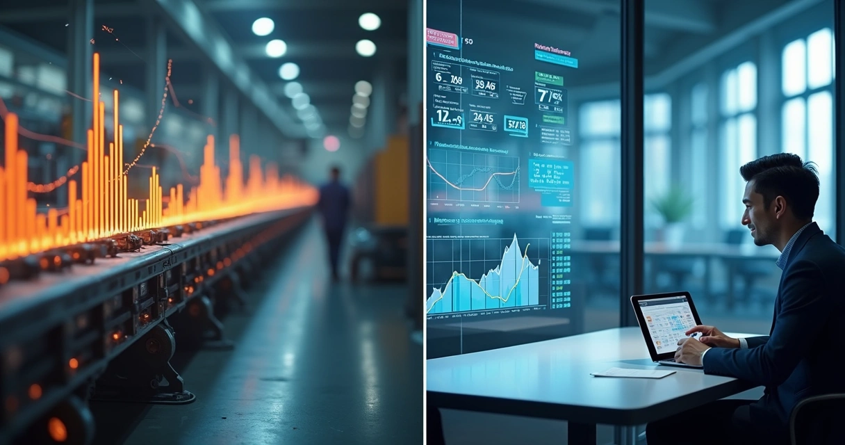 Processos empresariais com gráficos de vendas, produção e fluxo de caixa em destaque 