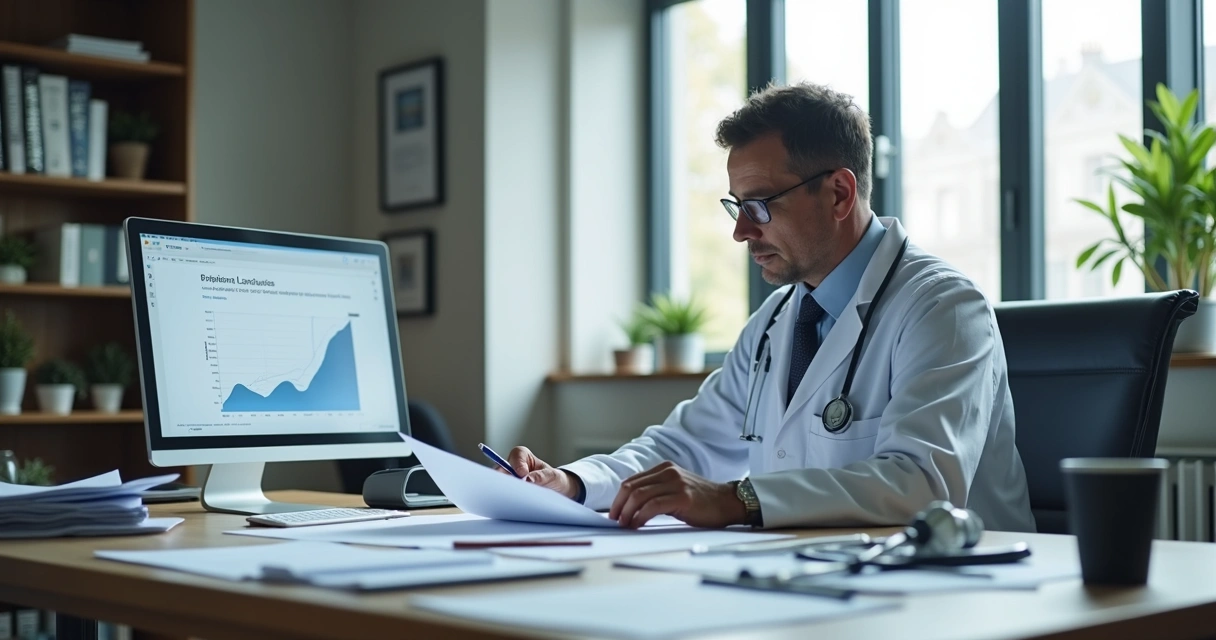 Médico em consultório analisando documentos diante de notificações de processo 