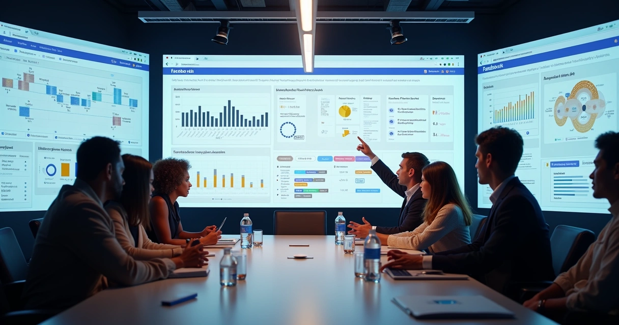 Equipe em mesa de reunião analisando processos e dados do Facebook Ads