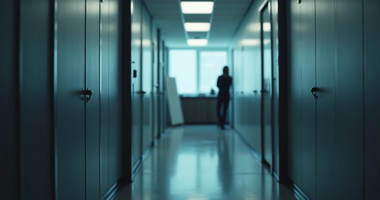 Corredor de escritório com portas fechadas, simbolizando processos não transparentes 