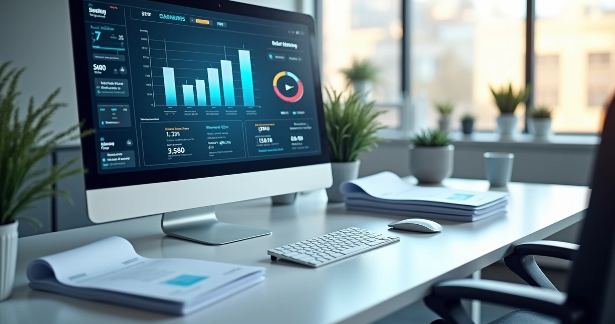 Ilustração de processo financeiro automatizado, com computador e documentos sendo processados digitalmente 