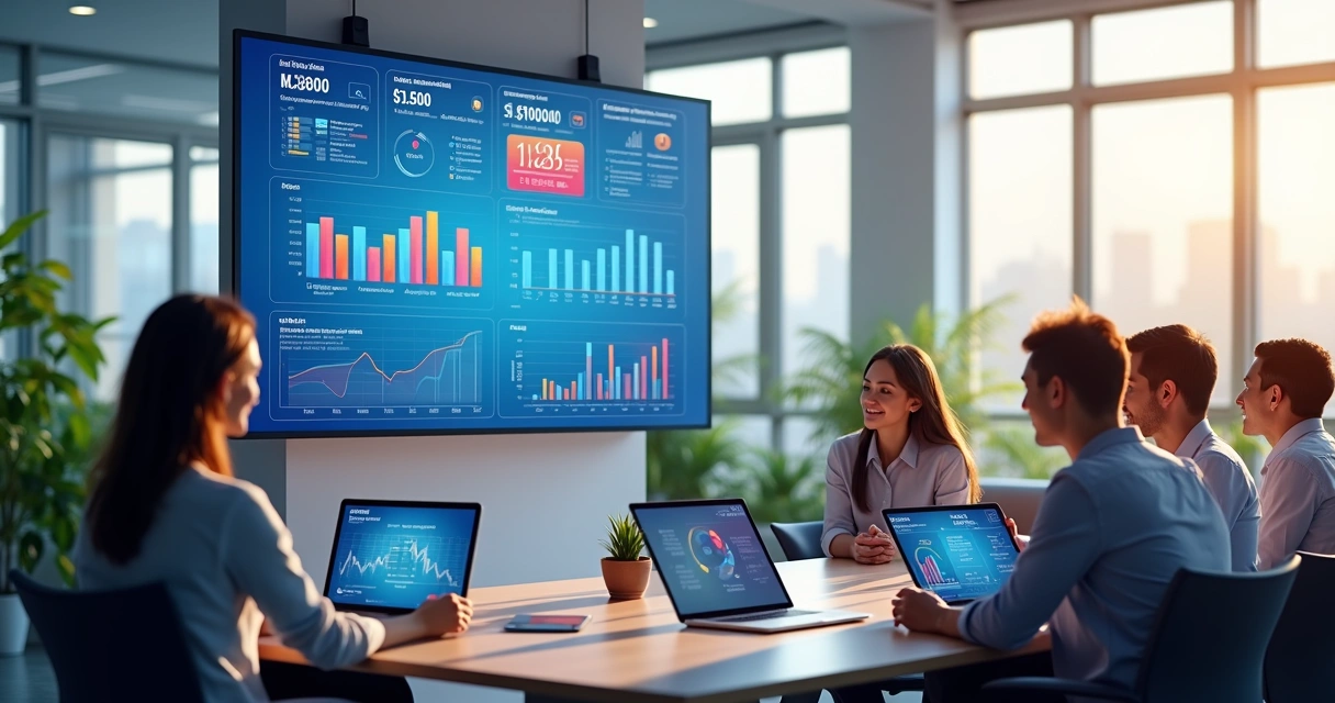 Painel digital mostrando fluxo de caixa automatizado em cenário de escritório moderno 