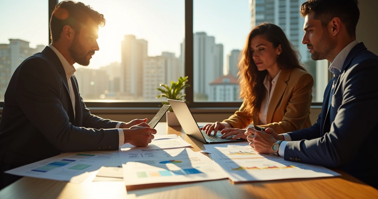 Equipe de gestão avaliando relatórios financeiros e organizando contas em mesa de escritório 