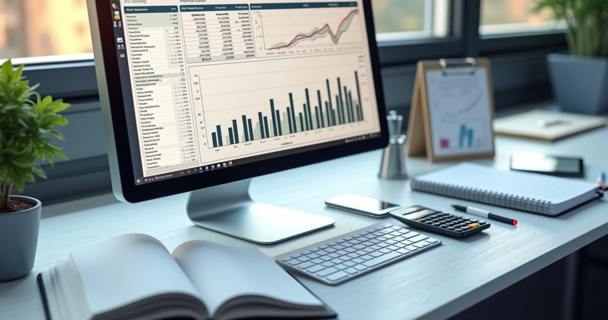 Mesa de escritório com computador, planilhas de finanças abertas, calculadora e gráficos financeiros à vista, ambiente organizado e profissional 