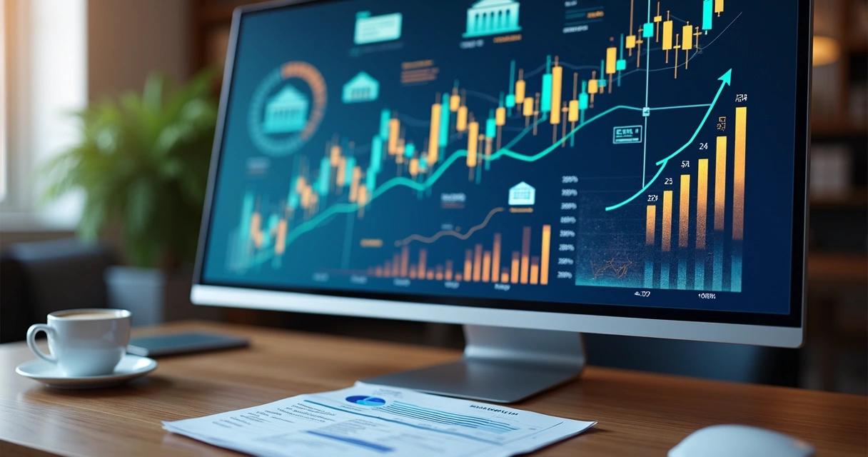 Tela de computador com gráficos financeiros e integração bancária 