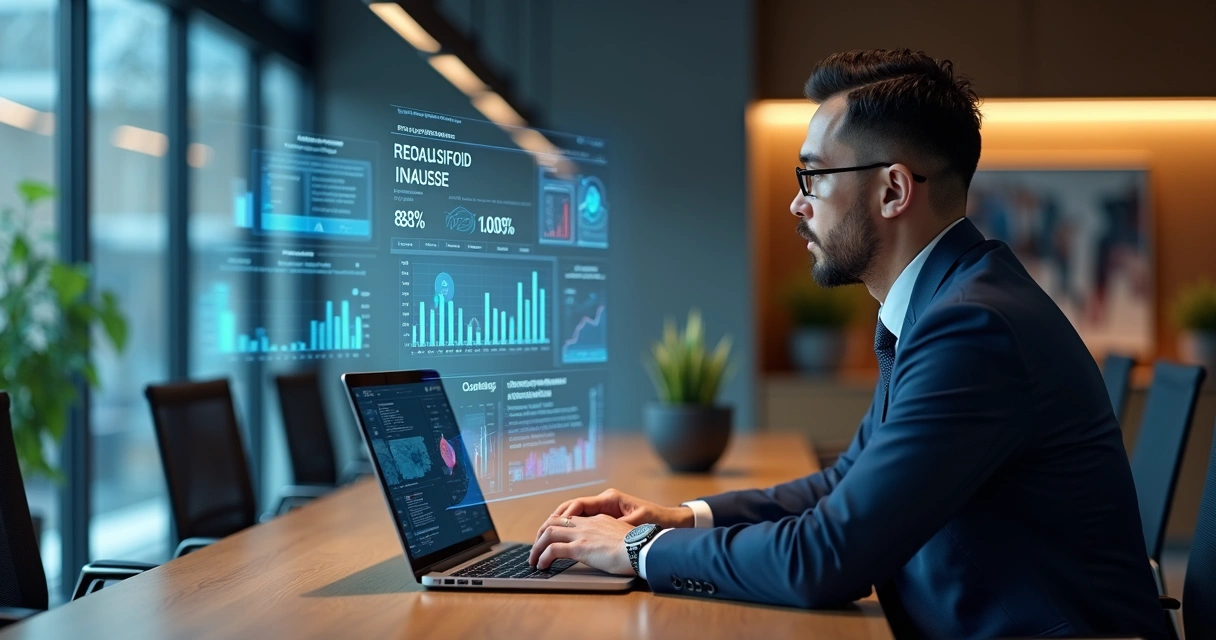 Painel financeiro com gráficos virtuais e um executivo analisando dados em ambiente moderno 