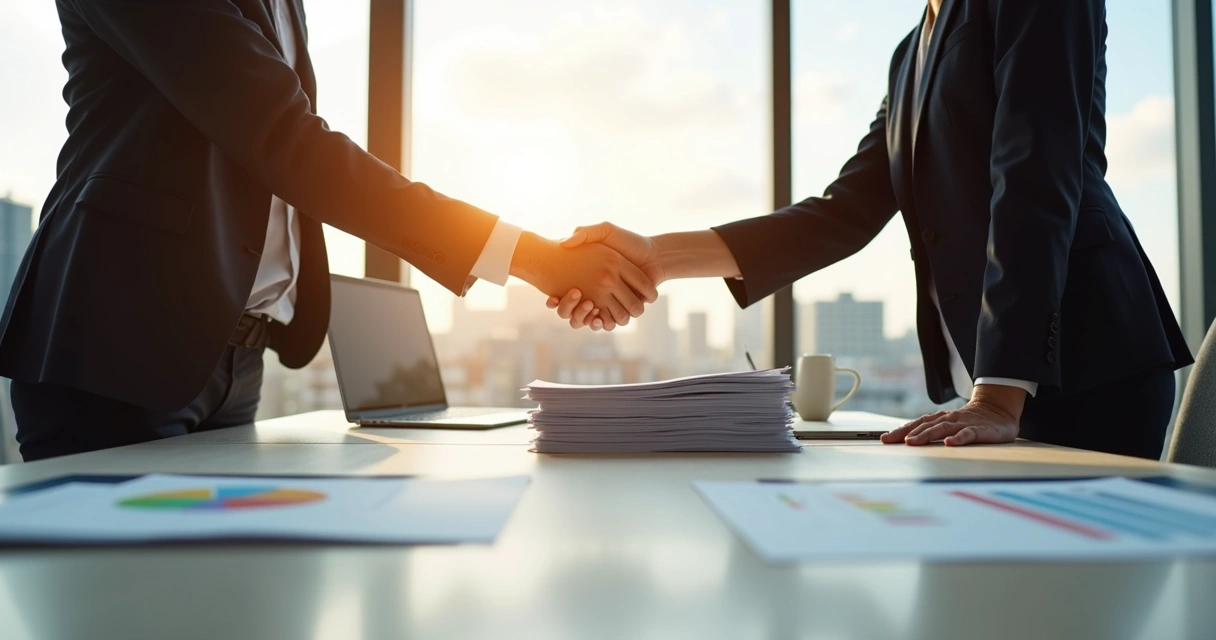 Contratos e papéis em mesa de reunião, duas pessoas apertando as mãos 