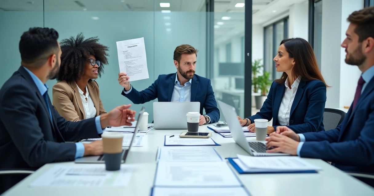 Reunião de equipe analisando documentos empresariais 
