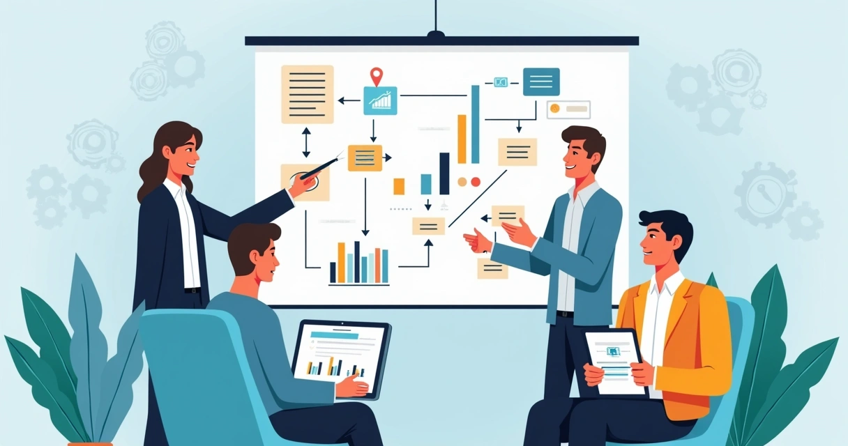 Equipe de gestão analisando fluxo de processos em painel com gráficos e indicadores 