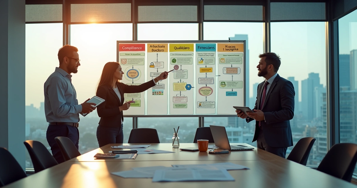 Empresários analisando matriz de processos obrigatórios para vender a grandes empresas 