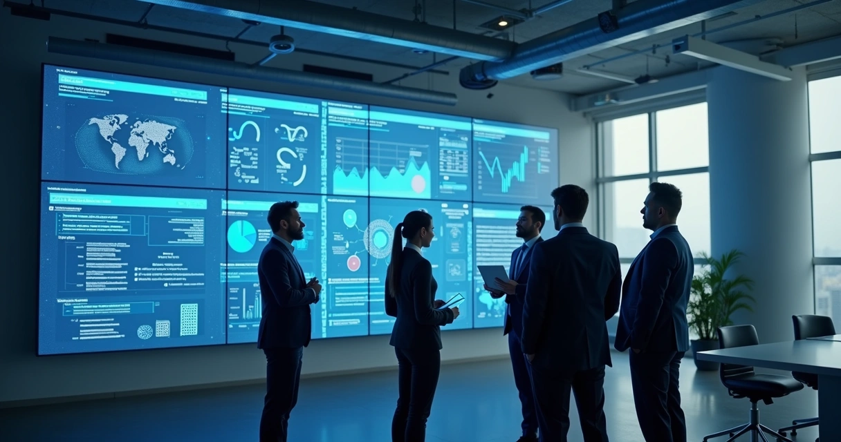 Equipe empresarial colaborando diante de painel digital com gráficos e indicadores 