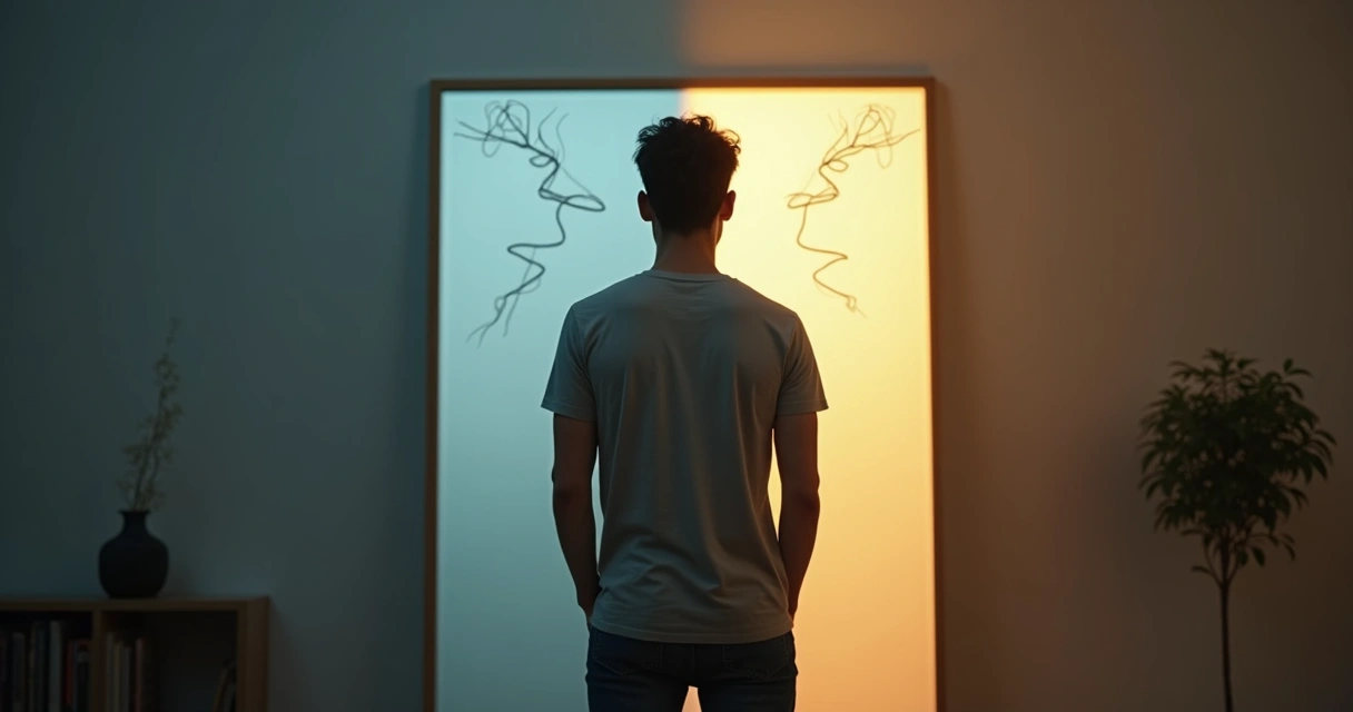 Pessoa olhando para o próprio reflexo dividido entre claro e escuro 