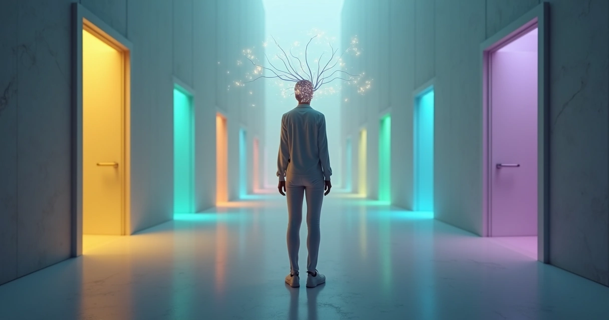 Pessoa diante de várias portas luminosas representando escolhas guiadas pelo inconsciente 