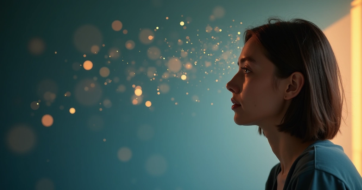 Pessoa em perfil metade iluminada e metade em sombra com elementos abstratos representando processos inconscientes ao redor da cabeça 