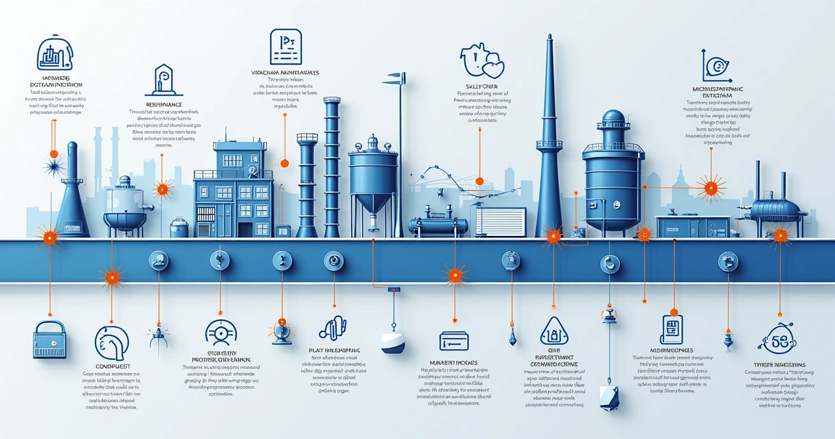 Fluxo de processo industrial com gatilhos e responsáveis evidenciados 