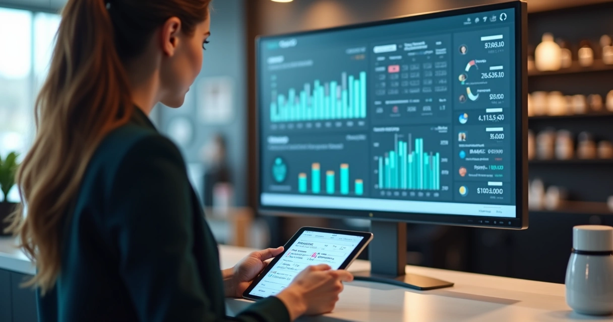 Dashboard moderno integrando agenda, finanças e estoque de salão