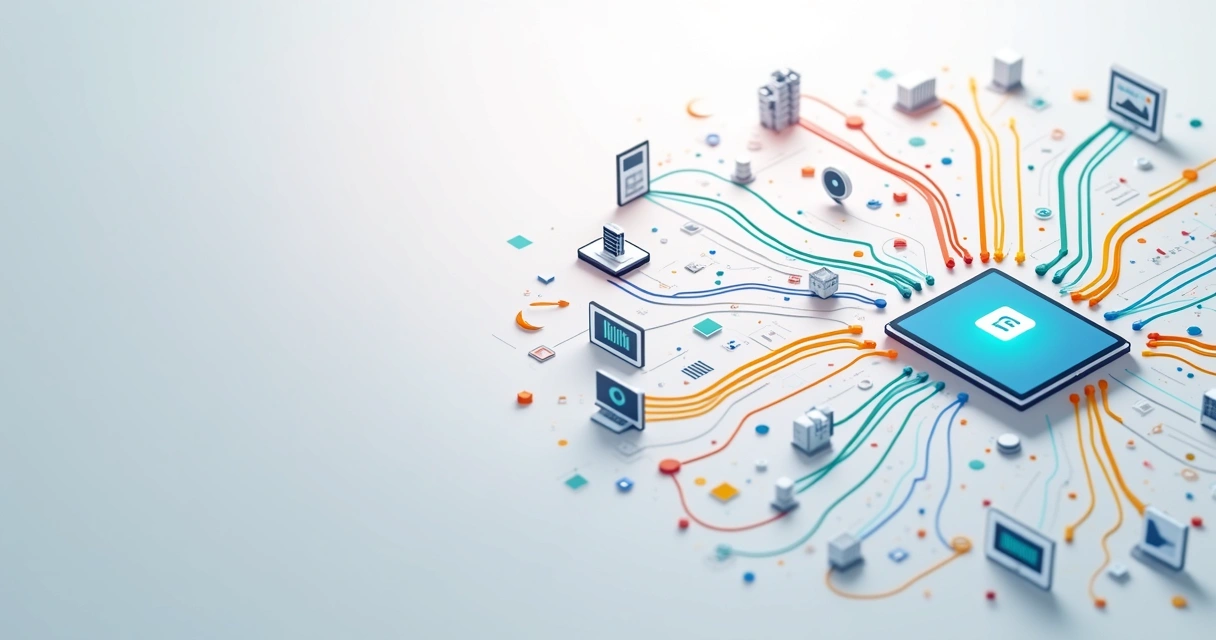Fluxos de trabalho digital conectados por linhas coloridas