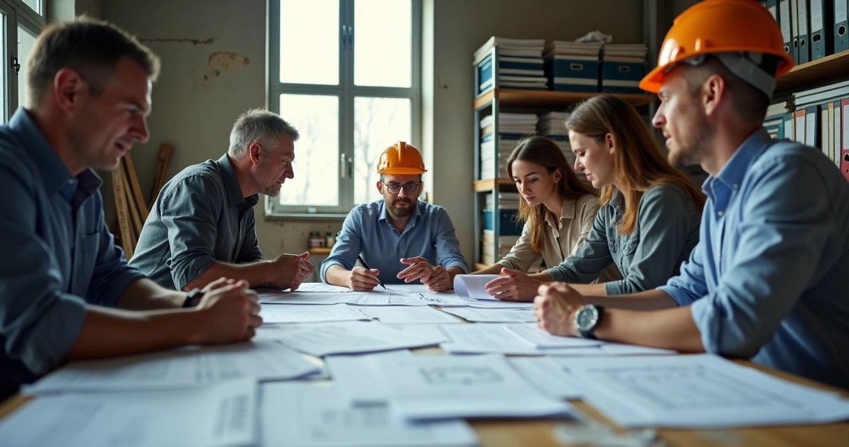 Equipe de obra reunida ao redor de mesa cheia de papéis e planilhas 