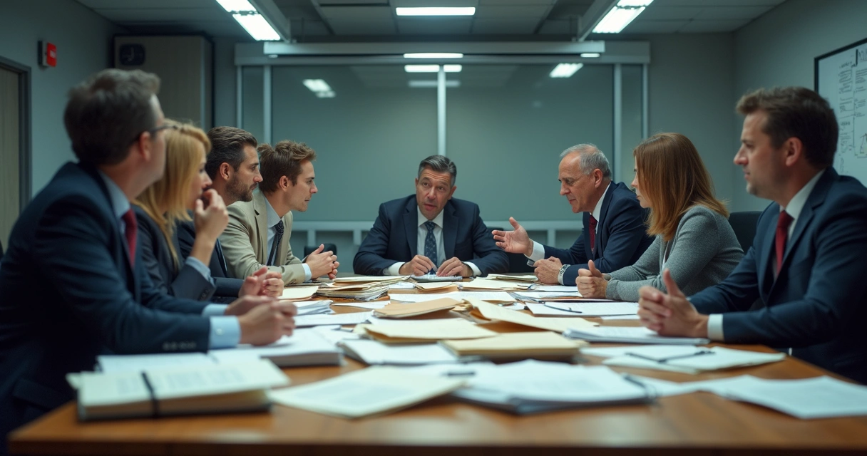 Equipe analisando pilhas de papéis em mesa de escritório 