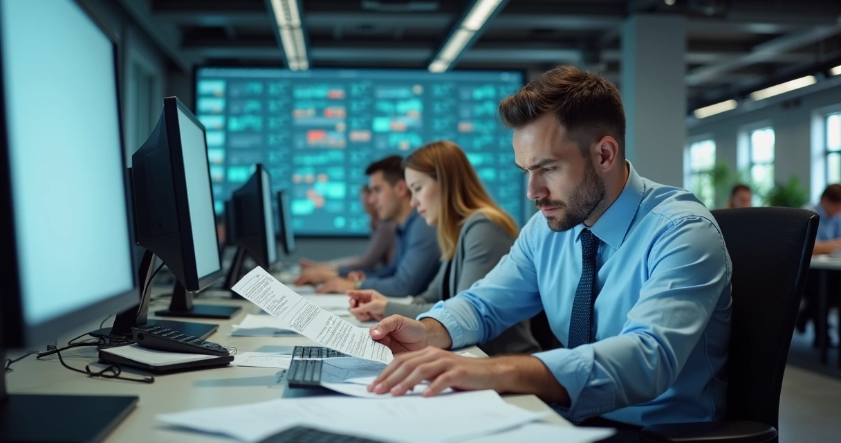 Pessoas digitando dados de papel em computadores em ambiente de escritório, simbolizando retrabalho manual 