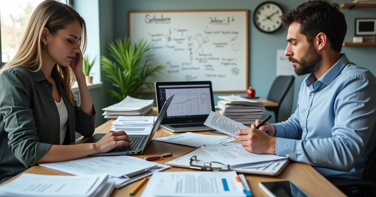 Equipe de pequena empresa sobrecarregada com papéis e planilhas manuais em escritório 