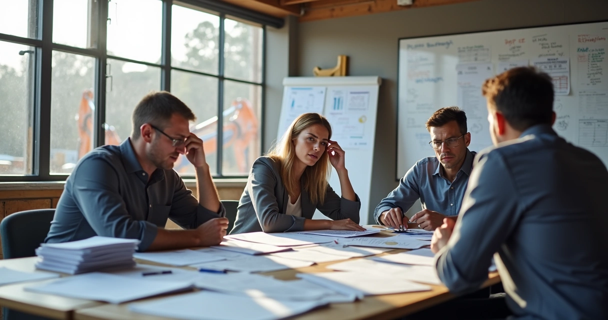 Profissionais da construção civil em reunião com pilhas de papéis e planilhas, atraso na aprovação de documentos e comunicação confusa entre setores 