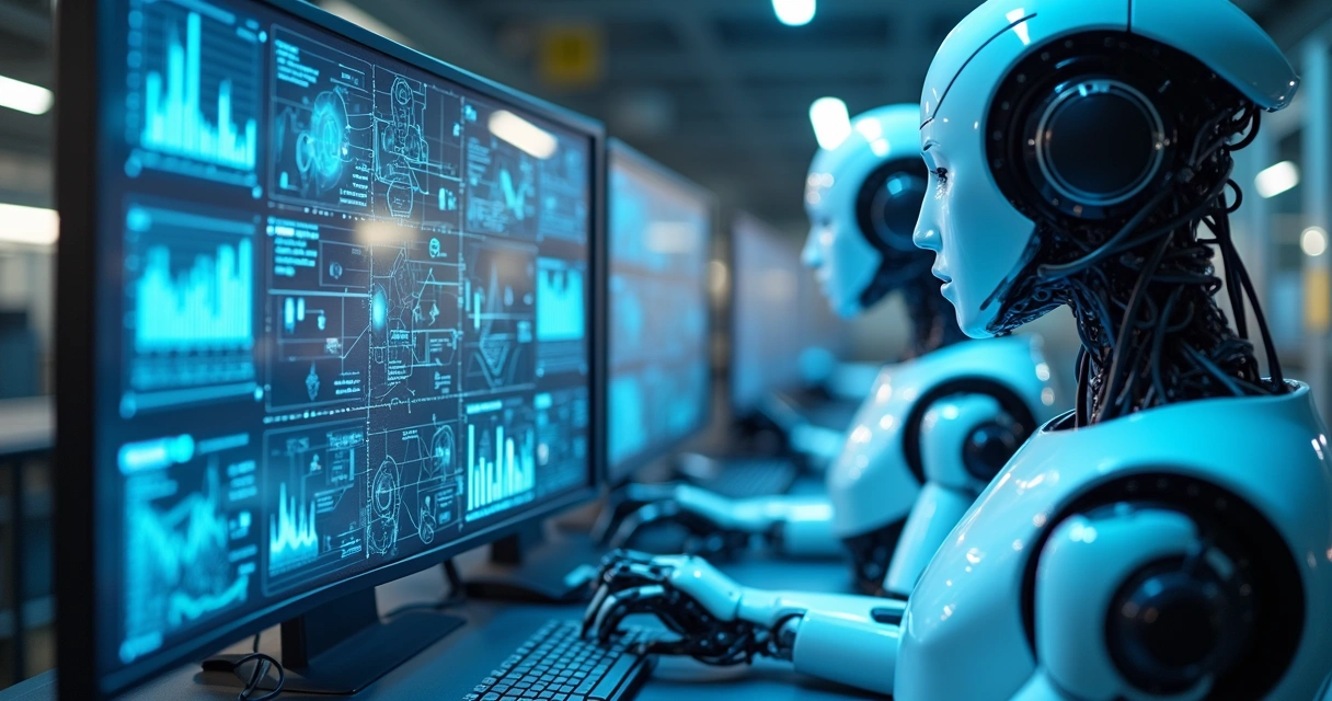 Ilustração de máquinas conectadas realizando análise de fluxo de trabalho em operação industrial 