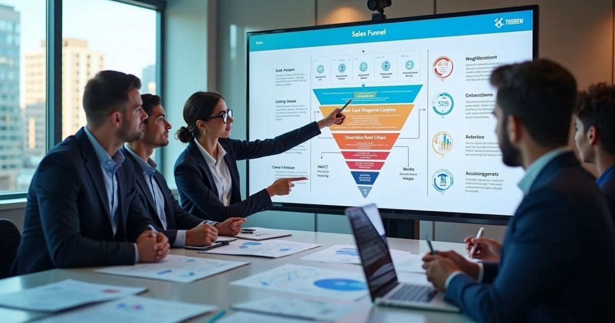 Equipe de marketing e vendas analisando funil e processos em tela grande 