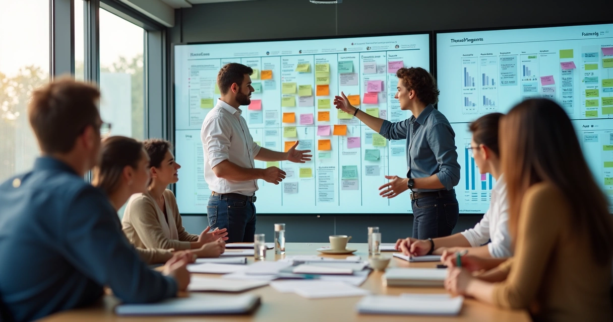 Equipe discutindo melhorias em painéis de projetos 