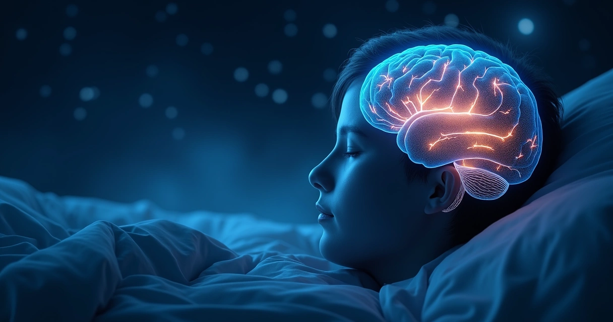 Representação criativa do cérebro durante o sono, mostrando conexões neuronais e fases do sono. 