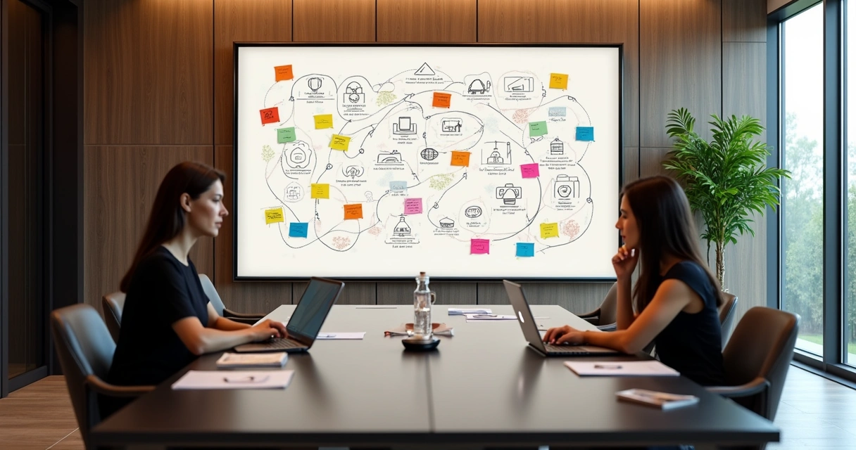 Fluxo de processos operacionais desenhado em quadro branco com setas e diagramas 
