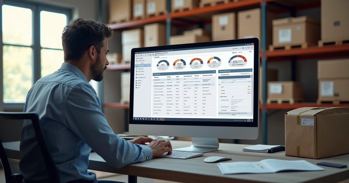 Operador controlando estoque em tela de ERP 