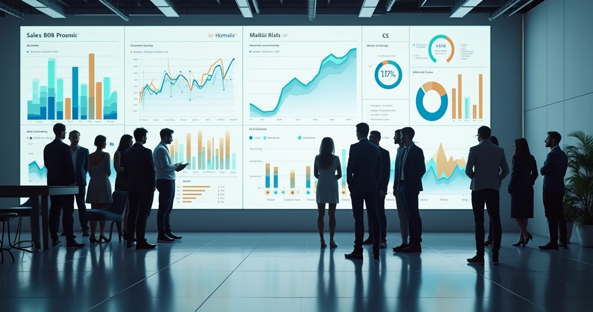 Dashboard com indicadores de vendas, marketing e CS em tela grande