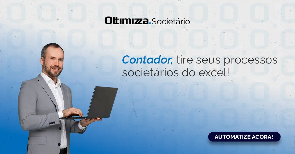 Homem em terno cinza segurando notebook e sorrindo com fundo azul e branco com texto sobre processos societários