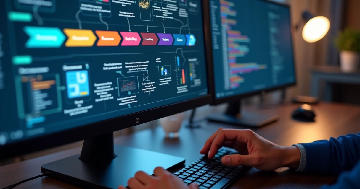 Tela de computador mostrando fluxos organizados de processos de gestão de TI, com setas coloridas, gráficos e listas organizadas 
